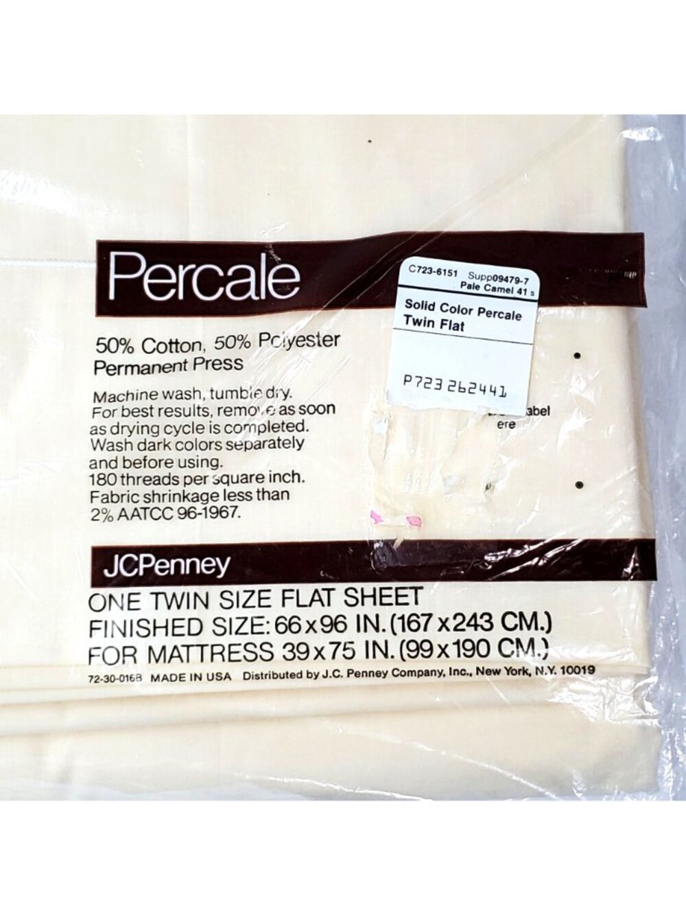 VTG JCPenney Percale Twin Flat Sheet Pale Camel Permanent Press USA Made - Picture 3 of 6